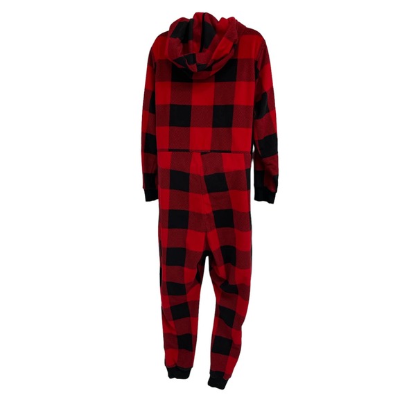 Old Navy Women's XL One-Piece Hooded Pajama Black Red Plaid Flannel Zip Front - Picture 4 of 13